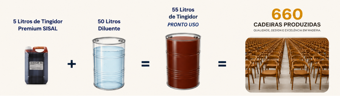 5 litros de Tingidor Premium Sisal + 50 litros de Diluente = 55 litros de Tingidor Pronto Uso, rendendo 660 cadeiras produzidas